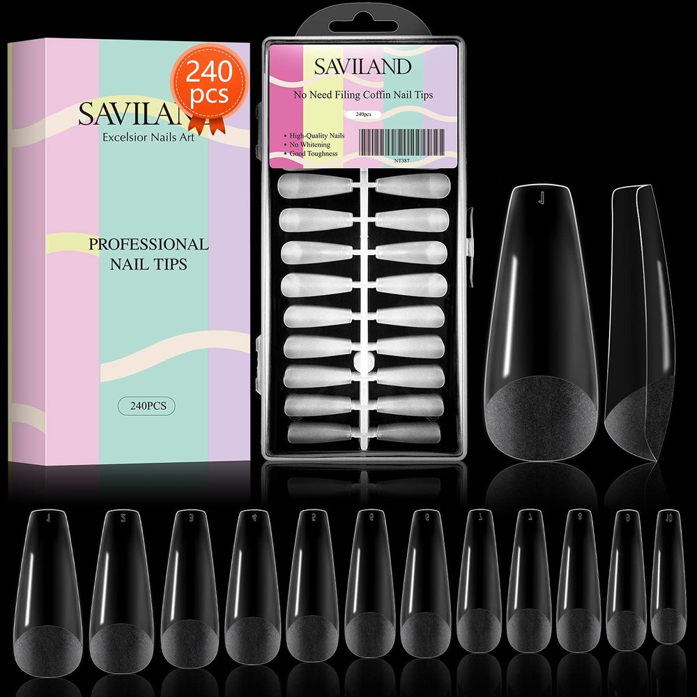 Saviland Matte Coffin Nail Tip  240PCS No Need to File Acrylic Nail Tips Professional French Tips for Nail Extension Full/Half Cover Dual Use Matte Texture Press on Nails Pre-Shape 10 Sizes Salon DIY