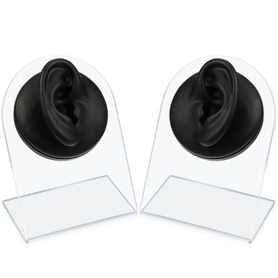 Cindeer 2 Pcs Flexible Silicone Ear Model Reused Soft Mold Fake Ear for Earrings Jewelry Display for Piercing Practice with Acrylic Stand (Black)