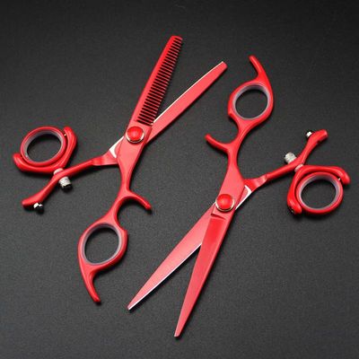 Swivel Thumb Hair Cutting Shears, 6 inch Japan 440c red Rotate cut hair salon scissors cutting barber haircut thinning shears hairdressing scissors (Color : Set)