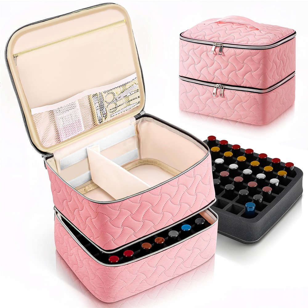 DreamGenius Nail Polish Organizer Case Holds 42 Bottles, Portable Double-Layer Nail Polish Storage Bag with Adjustable Dividers for Manicure Tools, Pink