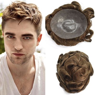 Mens Toupee Hair Replacemnt System 0.12mm Full Poly Skin Durable Mens Hairpiece European Human Hair Pieces Toupee for Men 62 Colors (8x10, #2020 20# LIGHT ASH BLONDE+20% Sythetic Grey-120% medium light to medium density)