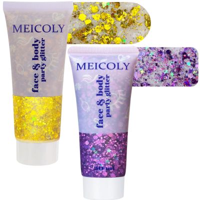 MEICOLY Purple and Gold Face Body Glitter Set, Mardi Gras Face Glitter,Mardi Gras Outfit for Women Kids,Mardi Gras Accessories for Carnival,Sparkly Chunky Glitter Makeup for Rave Festival