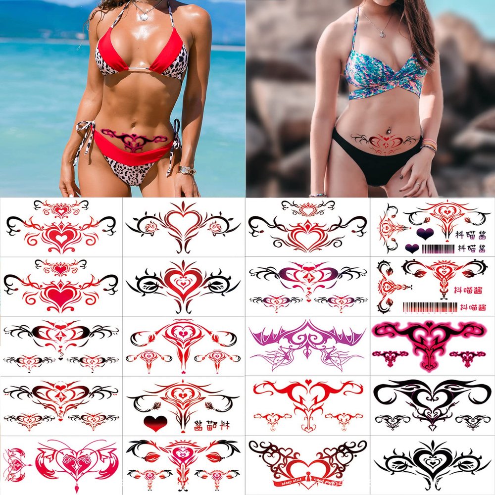 Maripabon Sexy Temporary Tattoos for Women Ladies 20 Sheets Large Black Red Navel Tattoo Stickers Stomach Waist Butt Lower Back Naughty Tattoos