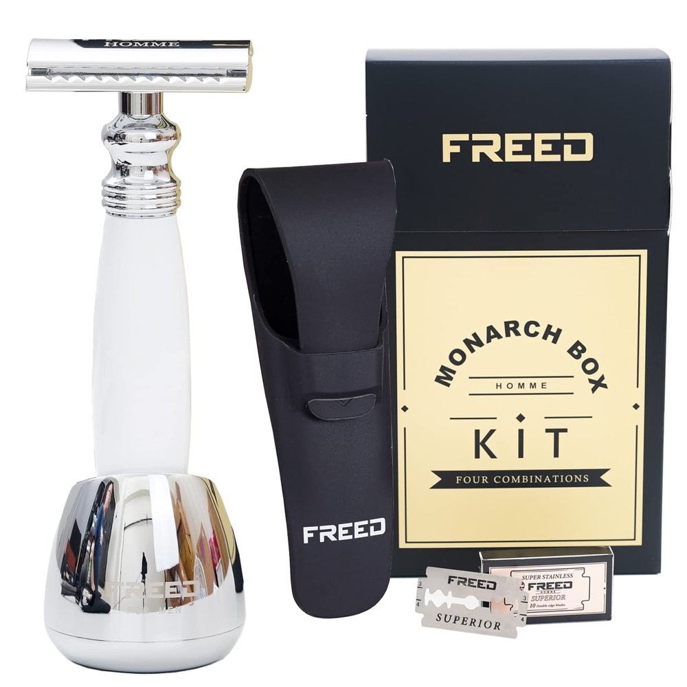 FREED Shaving Kit for Men - Safety Razor with alloy handle and 10 Japanese 6cr13 Stainless Steel, include razor base, razor travel case, christmas gifts for Men,Made in Taiwan