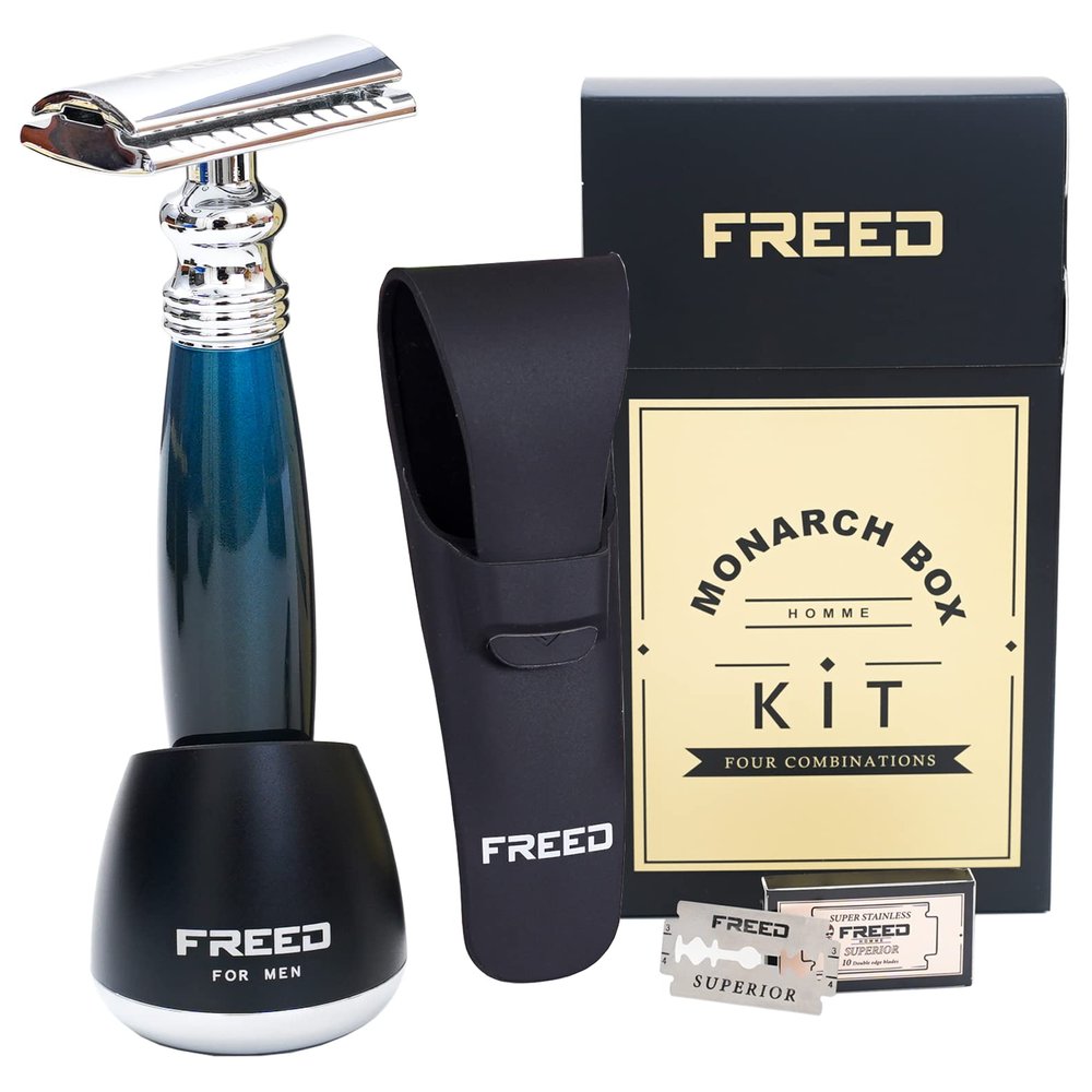 FREED Shaving Kit for Men - Safety Razor with alloy handle and 10 Japanese 6cr13 Stainless Steel, include razor base, razor travel case, christmas gifts for Men,Made in Taiwan