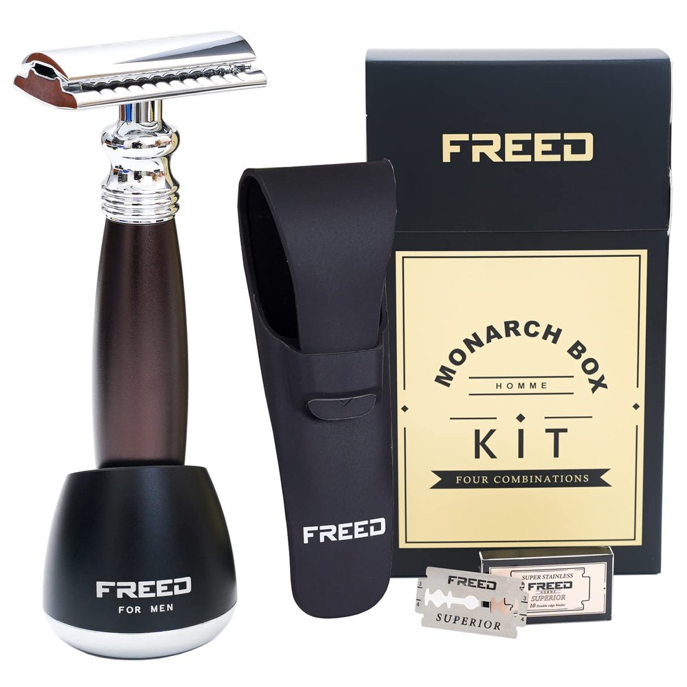 FREED Shaving Kit for Men - Safety Razor with alloy handle and 10 Japanese 6cr13 Stainless Steel, include razor base, razor travel case, christmas gifts for Men,Made in Taiwan