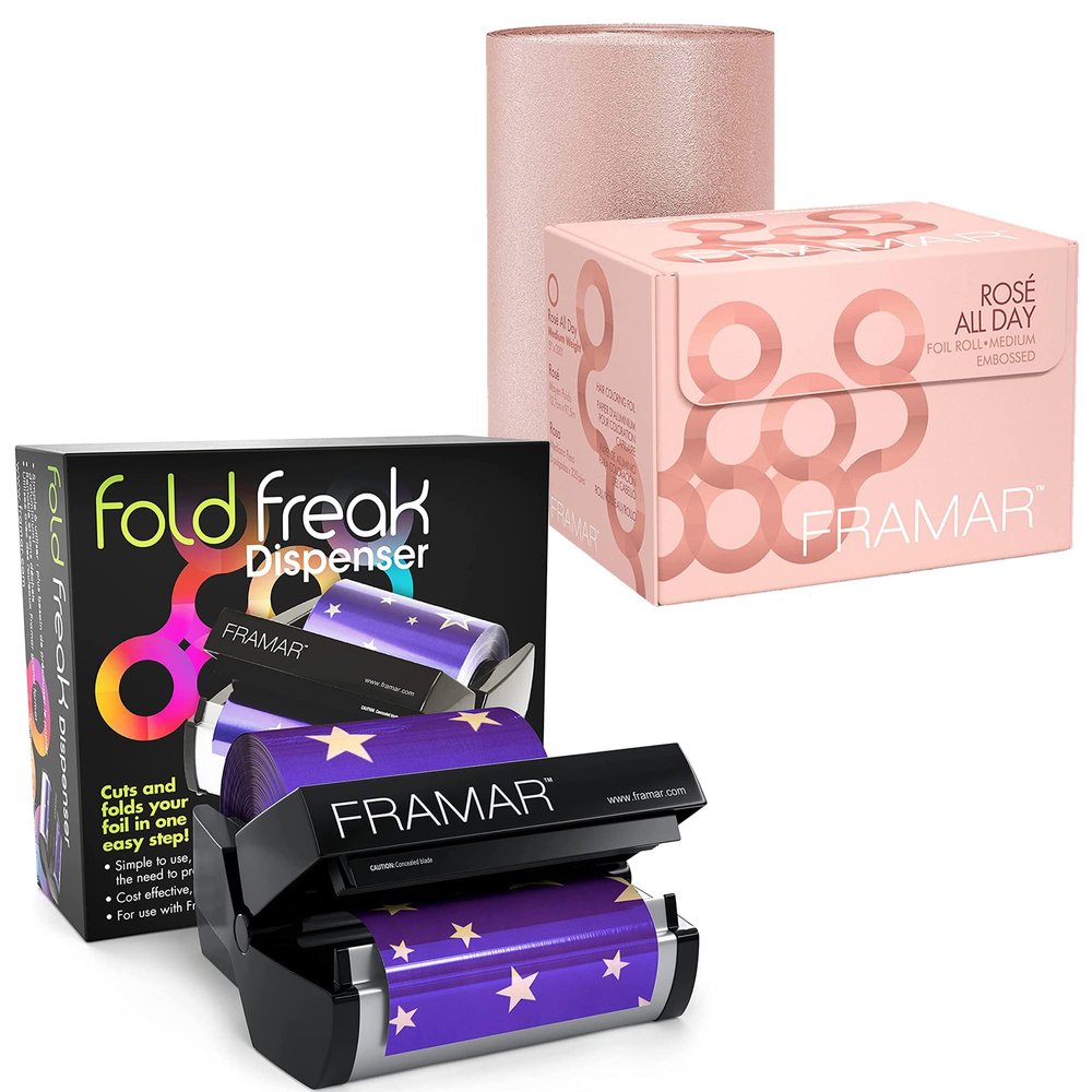 FRAMAR Ros All Day Embossed Roll Aluminum Foil, Hair Foils For Highlighting - Medium 320 ft + FRAMAR Fold Freak Foil Dispenser for Aluminum Foil, Hair Foils (Cuts and Fold's Hair Foil)