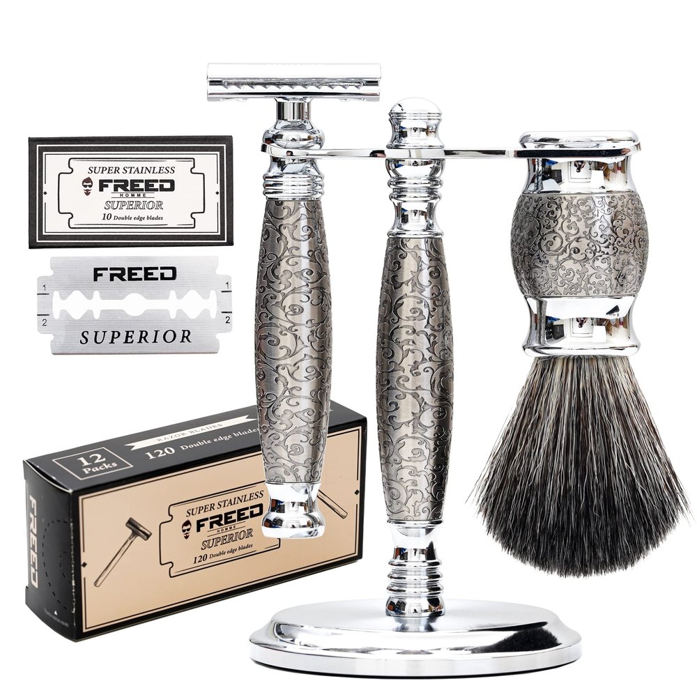FREED Luxury Shaving Set for Men - Double Edge Safety Razor with alloy handle include 120 count Japanese 6cr13 Stainless Steel blade,It's the best gift for men, fathers,or birthdays.