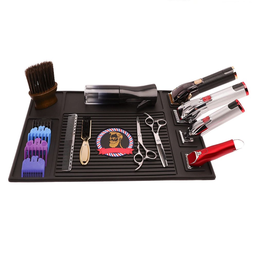 CUEI Barber Organizer Mat, Professional Flexible Anti Slip Magnetic Countertop Silicone Station Mat for Hair Clippers, Trimmer, Scissors, Salon Barbershop Work (17.7x11.8in)