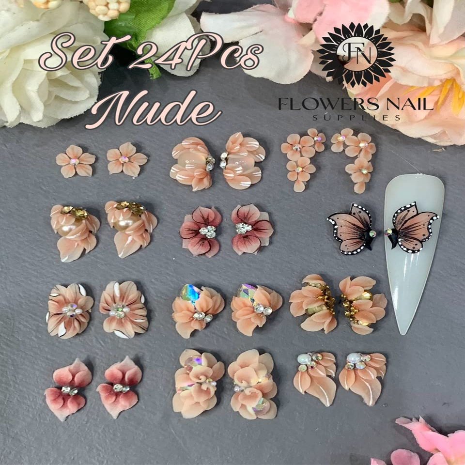 3D Acrylic Flower Nail Art Charms Handmade by Acrylic Powder - 15 colors, 24pcs Flowers Nail Rhinestones Kit 3D Crystal Nail Pearls Flat Design Acrylic Nail Art for Women Girls (Nude), 24.0 Count