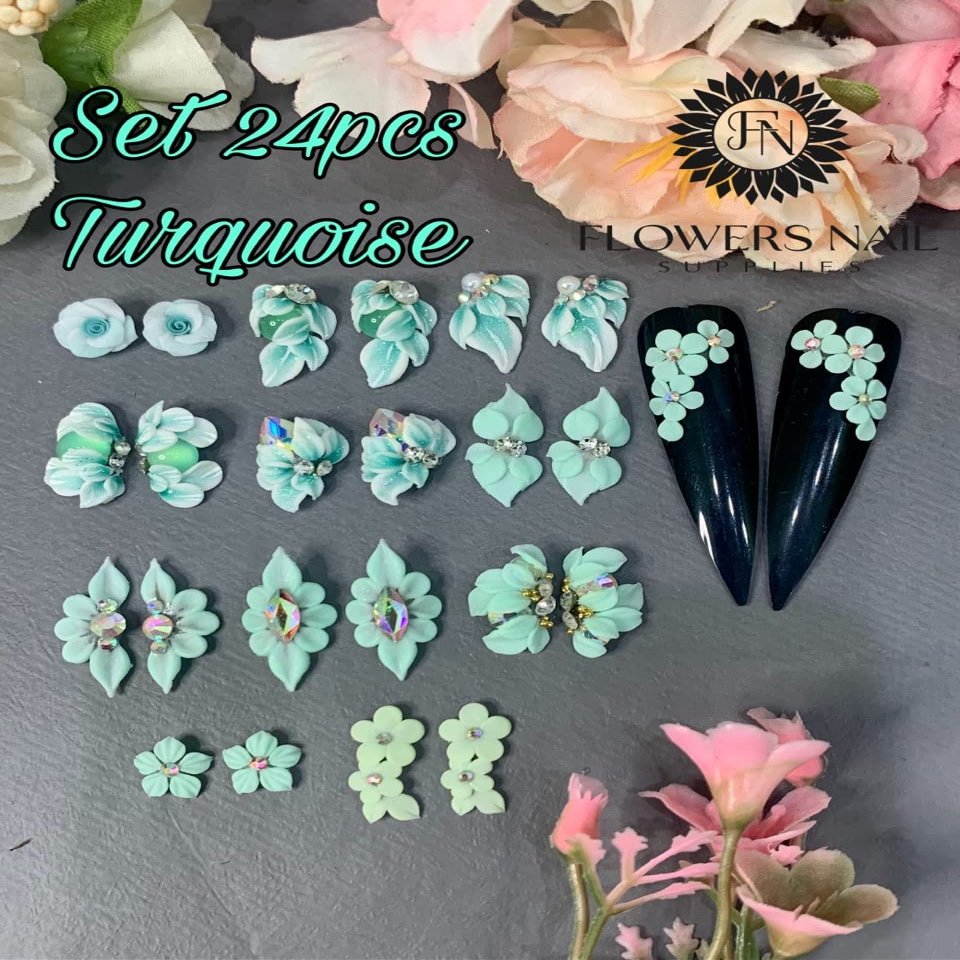 3D Acrylic Flower Nail Art Charms Handmade by Acrylic Powder - 15 colors, 24pcs Flowers Nail Rhinestones Kit 3D Crystal Nail Pearls Flat Design Acrylic Nail Art for Women Girls (Turquoise)