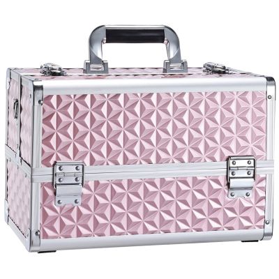 Joligrace Makeup Train Case Professional Cosmetic Organizer Aluminum Storage Box with 4 Adjustable Dividers Trays Lockable Portablewith Shoulder Strap - Neutral Pink