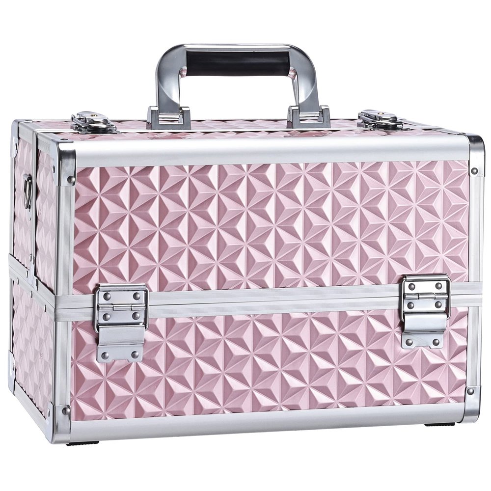 Joligrace Makeup Train Case Professional Cosmetic Organizer Aluminum Storage Box with 4 Adjustable Dividers Trays Lockable Portablewith Shoulder Strap - Neutral Pink