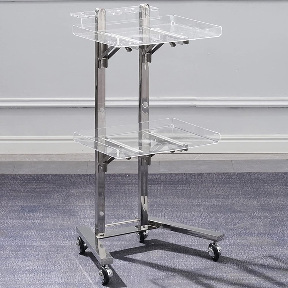 Rolling Salon Tray Cart Barber Trolley, Multifunction Hair Tool Organize Stand with Foldable Storage Tray, Premium Tattoo Service Tray Hair Color Station, Stainless Steel and Acrylic
