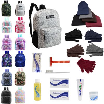 Bulk Case of 12 Backpacks, 12 Winter Item Sets, 12 Hygiene Kits - Hygiene Kits and Clothing for Emergencies, Homeless, Charity