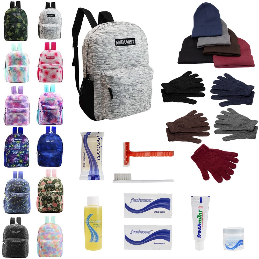 Bulk Case of 12 Backpacks, 12 Winter Item Sets, 12 Hygiene Kits - Hygiene Kits and Clothing for Emergencies, Homeless, Charity