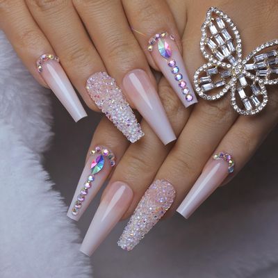 Yivaiks 24 pcs Pink Coffin Press on Nails Long Nails for Women, Glossy Crystal Rhinestone Fake Nails with Nail Glue on Nails,Full Coverage Acrylic Nailshelmsman