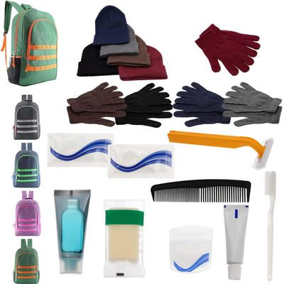 Bulk Case of 12 Backpacks, 12 Winter Item Sets, 12 Hygiene Supplies Kits - Bulk Supplies for Cold Weather, Emergencies, Homeless, Charity - Wholesale Unisex Winter Accessories