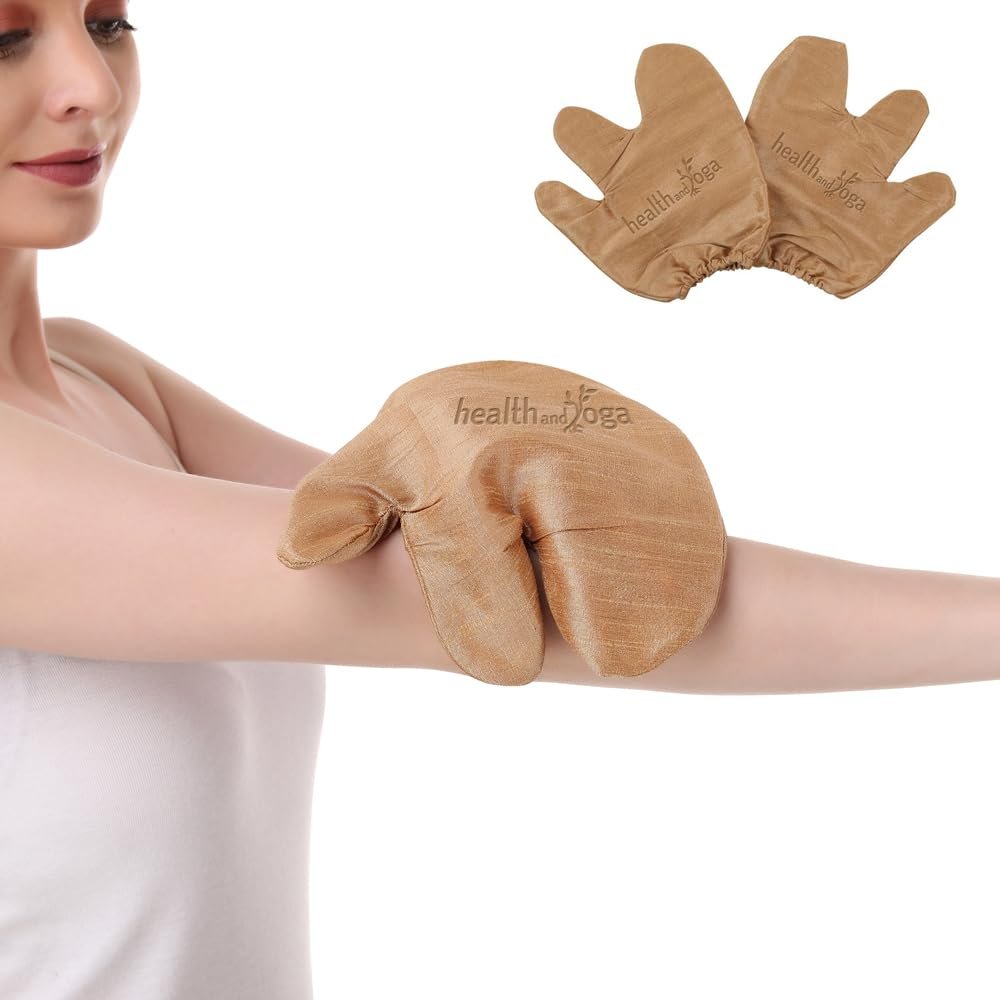 HealthAndYoga Silk Garshana Ayurvedic Massage Gloves - Electro Static Lymph Circulation Boost - 100% Natural Dry Skin Brushing and Exfoliation and Excess Fat Treatment - Mitt Style 1 Pair