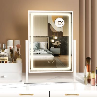 BRIGHTINWD Vanity Mirror with Lights - 13.78" 10.23" Adjustable Lighted Makeup Mirror for Desk, Detachable 10X Magnification Mirror, Touch Sensor, Desk Mirror for Bedroom & Dressing Room (White)