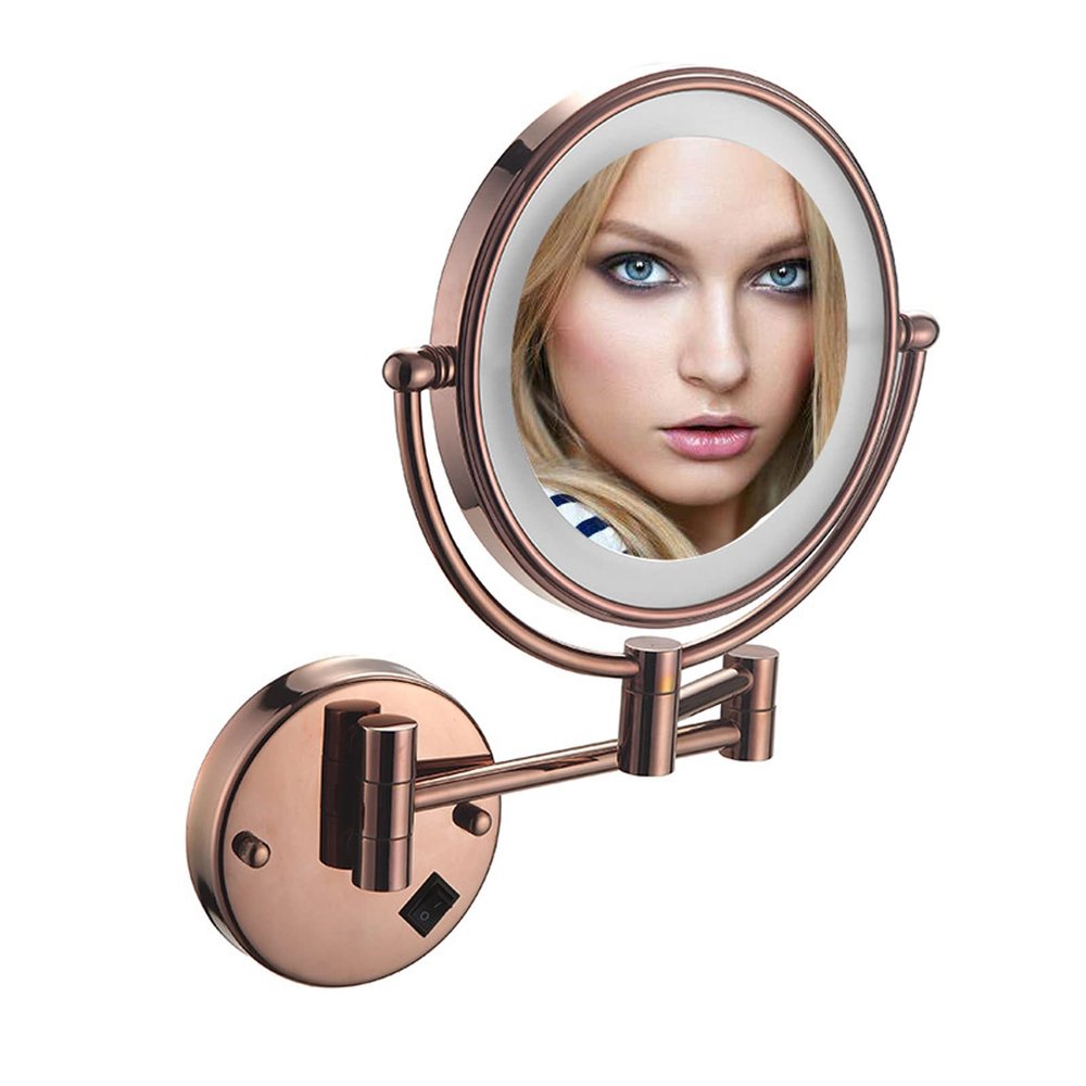 BhjKL 8 Inch LED Wall Mounted Lighted Makeup Bathroom Mirror, Magnifying Double Sided Vanity Mirror, 360 Rotation Extendable Cosmetic Mirror (Rose Gold Plug 7X)