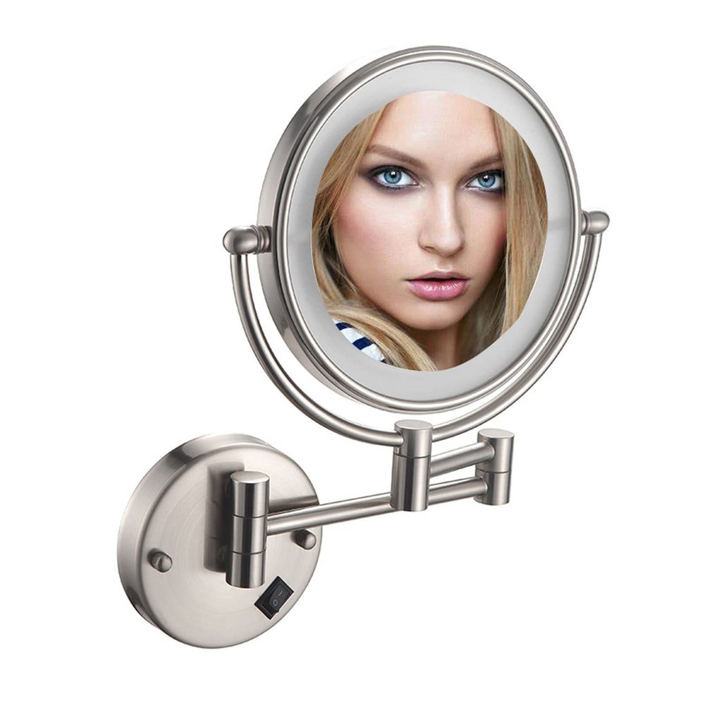 BhjKL 8 Inch LED Wall Mounted Lighted Makeup Bathroom Mirror, Magnifying Double Sided Vanity Mirror, 360 Rotation Extendable Cosmetic Mirror (Brushed Nickel Plug 3X)