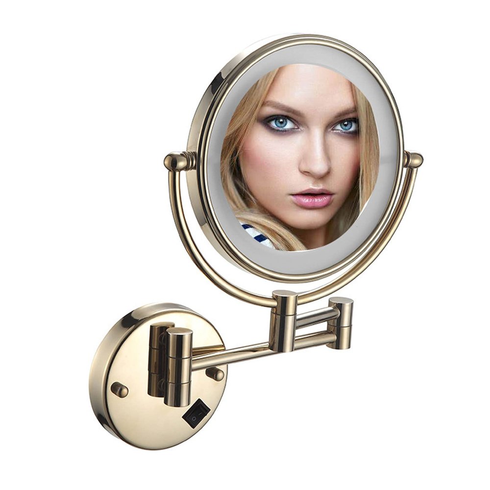 BhjKL 8 Inch LED Wall Mounted Lighted Makeup Bathroom Mirror, Magnifying Double Sided Vanity Mirror, 360 Rotation Extendable Cosmetic Mirror (Pickaxe Gold Plug 3X)