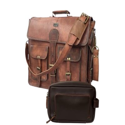 18 Inch Vintage Handmade Leather Travel Messenger Office With Men's Toiletry Bag Leather Travel Toiletry Bag Dopp Kit