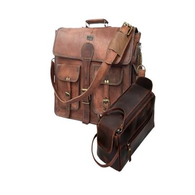 18" Leather Messenger Laptop Bag With Buffalo Toiletry Dopp Kit