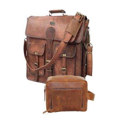 cuero 18" Messenger Laptop Briefcase Bag With Tan Toiletry Dopp Kit Shaving Kit