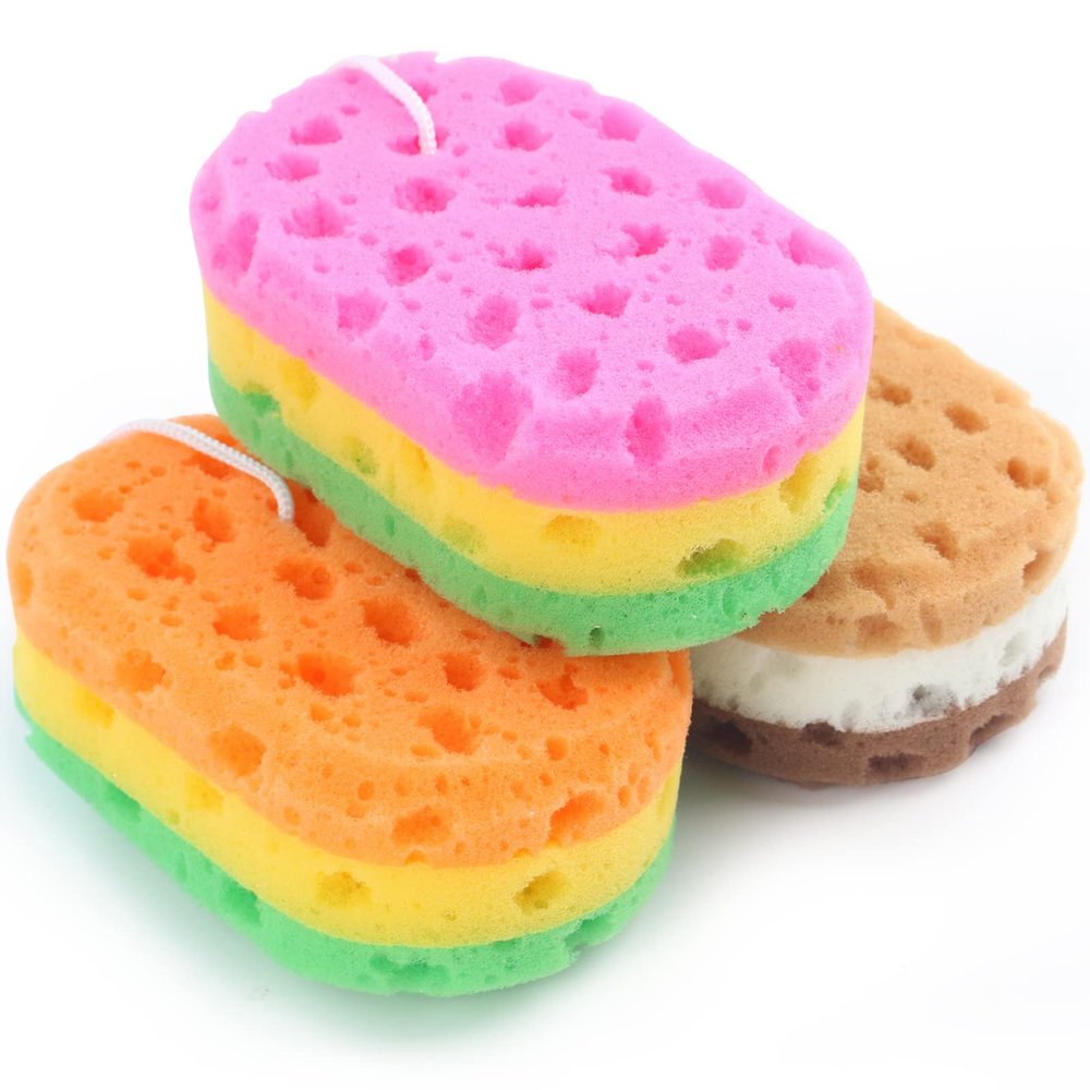 3 Pcs Bath Sponge for Women/Men,  Exfoliating Body Sponges Bath Sponges, 3 Colors Pouf Foam Loofahs Sponge to Spa Reusable