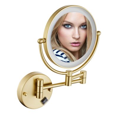 BhjKL 8 Inch LED Wall Mounted Lighted Makeup Bathroom Mirror, Magnifying Double Sided Vanity Mirror, 360 Rotation Extendable Cosmetic Mirror (Gold Hardwire 3X)