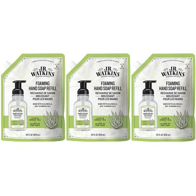 J.R. Watkins Foaming Hand Soap Refill, Moisturizing Foam Hand Wash, Alcohol-Free, Cruelty-Free, Aloe Green Tea, 28 fl oz, 3 Pack