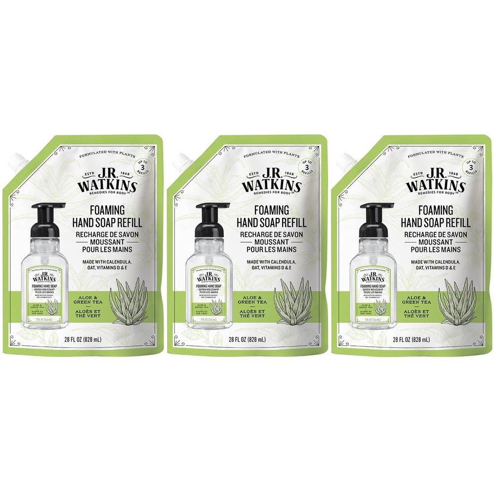 J.R. Watkins Foaming Hand Soap Refill, Moisturizing Foam Hand Wash, Alcohol-Free, Cruelty-Free, Aloe Green Tea, 28 fl oz, 3 Pack