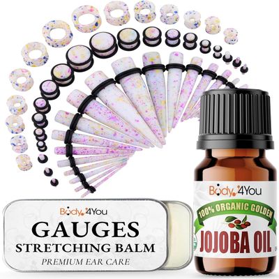 BodyJ4You 55PC Ear Stretching Kit 14G-12mm - Aftercare Jojoba Oil Ear Stretching Balm - Multicolor Acrylic Plugs Gauge Tapers Silicone Tunnels - Lightweight Expanders Men Women