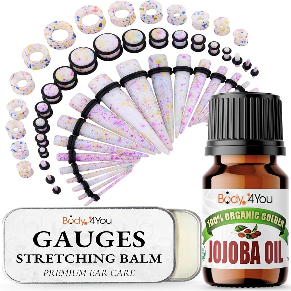 BodyJ4You 55PC Ear Stretching Kit 14G-12mm - Aftercare Jojoba Oil Ear Stretching Balm - Multicolor Acrylic Plugs Gauge Tapers Silicone Tunnels - Lightweight Expanders Men Women