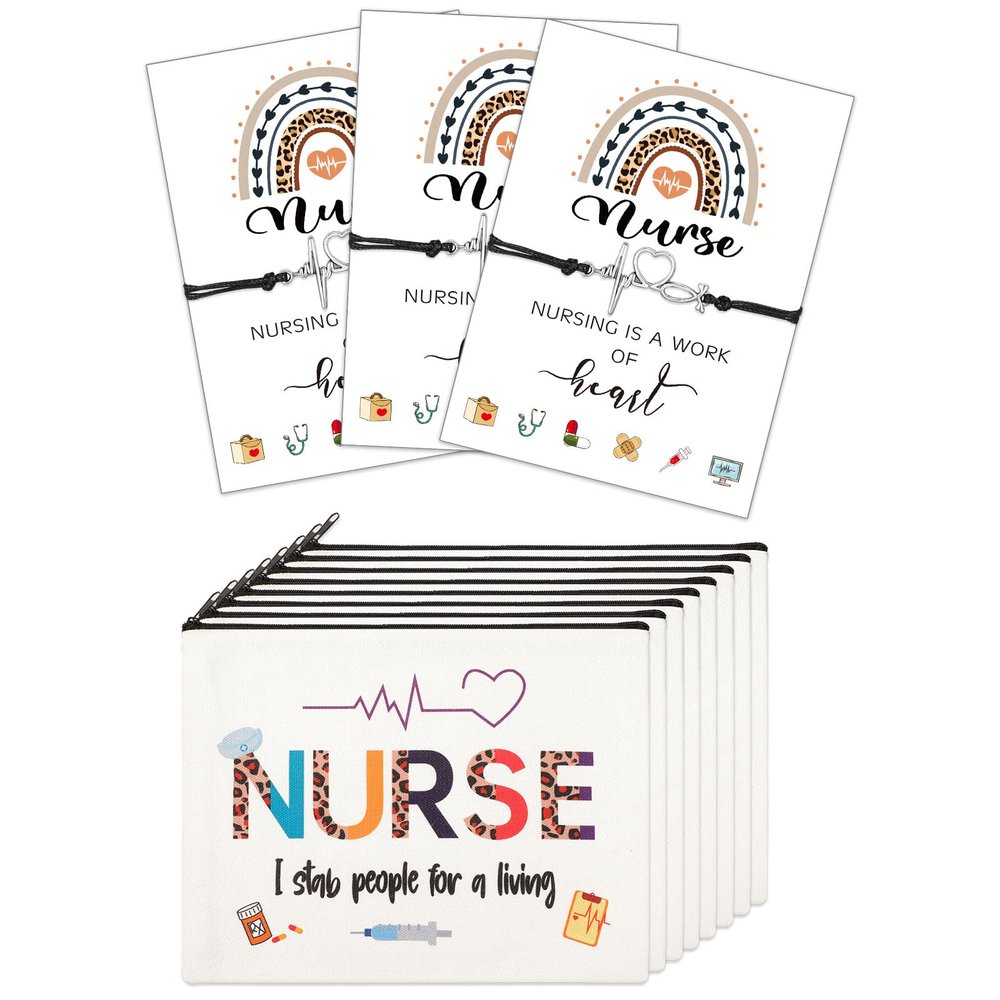 Yinkin 32 Pcs Nurse Appreciation Gift 2025 for Nurse Week 16 Canvas Makeup Cosmetic Bags Survival Kit and 16 Blessing Card Bracelets, Christmas Medical Staff Practitioner Gift for Women(Retro)