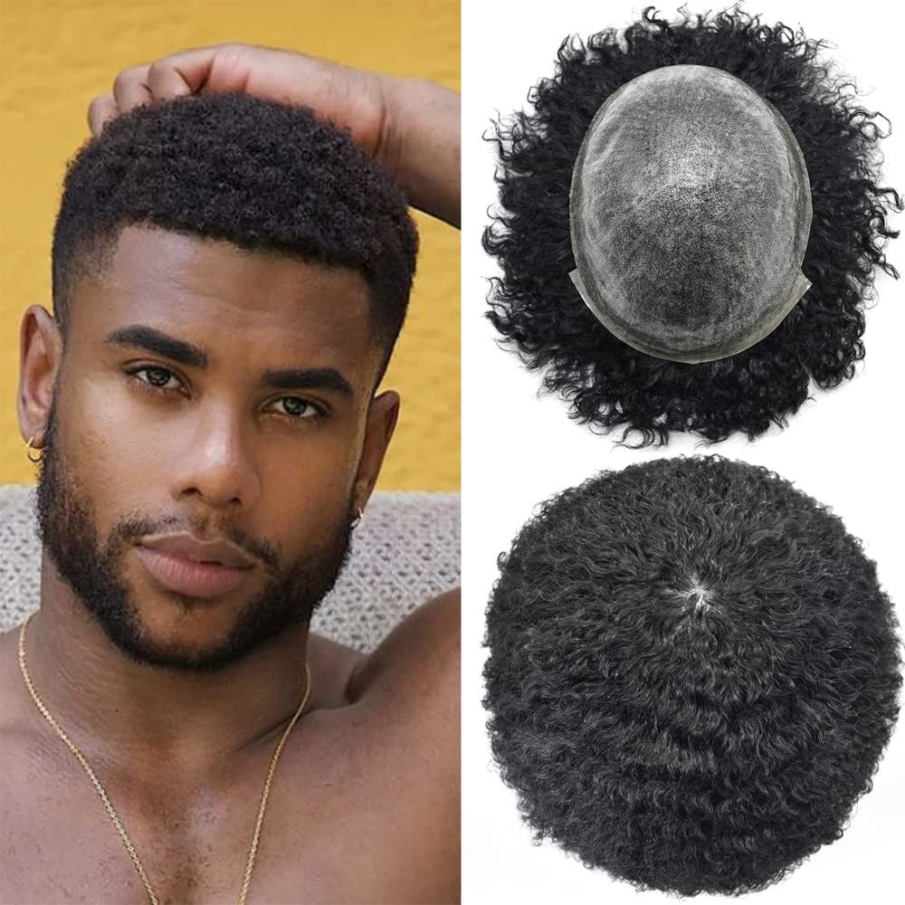 Afro Curl Toupee for Black Men African American Mens Toupee All Poly Brazilian Human Hairpiece Afro Kinky Wave Thin Skin PU Injected Hair Units for Black Man (8mm afro wave, 1B# OFF BLACK)
