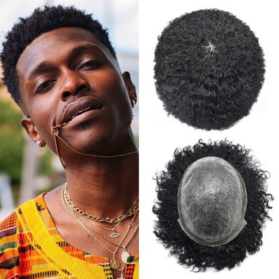 Afro Curl Toupee for Black Men Full Poly Brazilian Human Hairpiece Afro Kinky Wave Mens Toupee All PU Injected Man Wigs Male Hair Prosthesis (8mm afro wave, 1# JET BLACK)