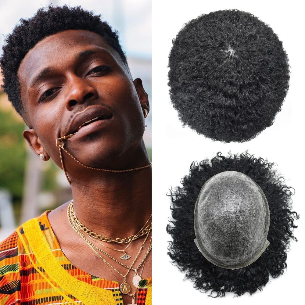 Afro Curl Toupee for Black Men Full Poly Brazilian Human Hairpiece Afro Kinky Wave Mens Toupee All PU Injected Man Wigs Male Hair Prosthesis (8mm afro wave, 1# JET BLACK)
