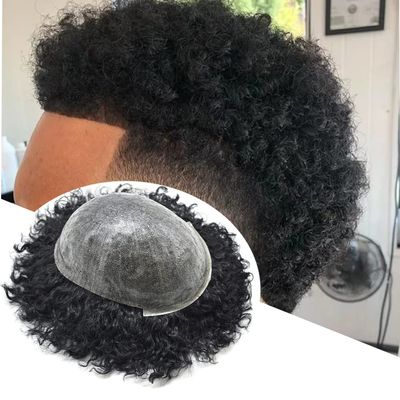 Afro Curl Toupee for Black Men Full Poly Brazilian Human Hairpiece Afro Kinky Wave Mens Toupee All PU Injected Man Wigs Male Hair Prosthesis (12mm afro wave, 1# JET BLACK)
