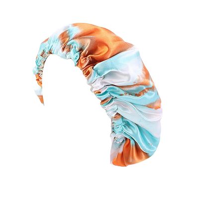 Magik Double-Sided Cover Satin Night Sleep Cap Hair Bonnet Hat Head w/Elastic Band (2 Pack, Green+Orange)