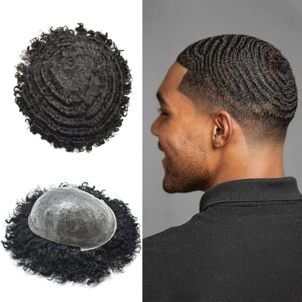 Afro Curl Toupee for Black Men Full Poly Brazilian Human Hairpiece Afro Kinky Wave Mens Toupee All PU Injected Man Wigs Male Hair Prosthesis (10mm afro wave, 1# JET BLACK)