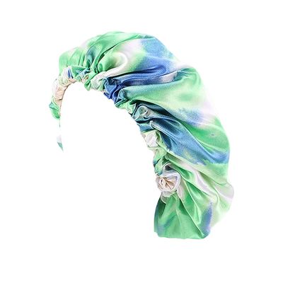 Magik Double-Sided Cover Satin Night Sleep Cap Hair Bonnet Hat Head w/Elastic Band (2 Pack, Green+Blue)