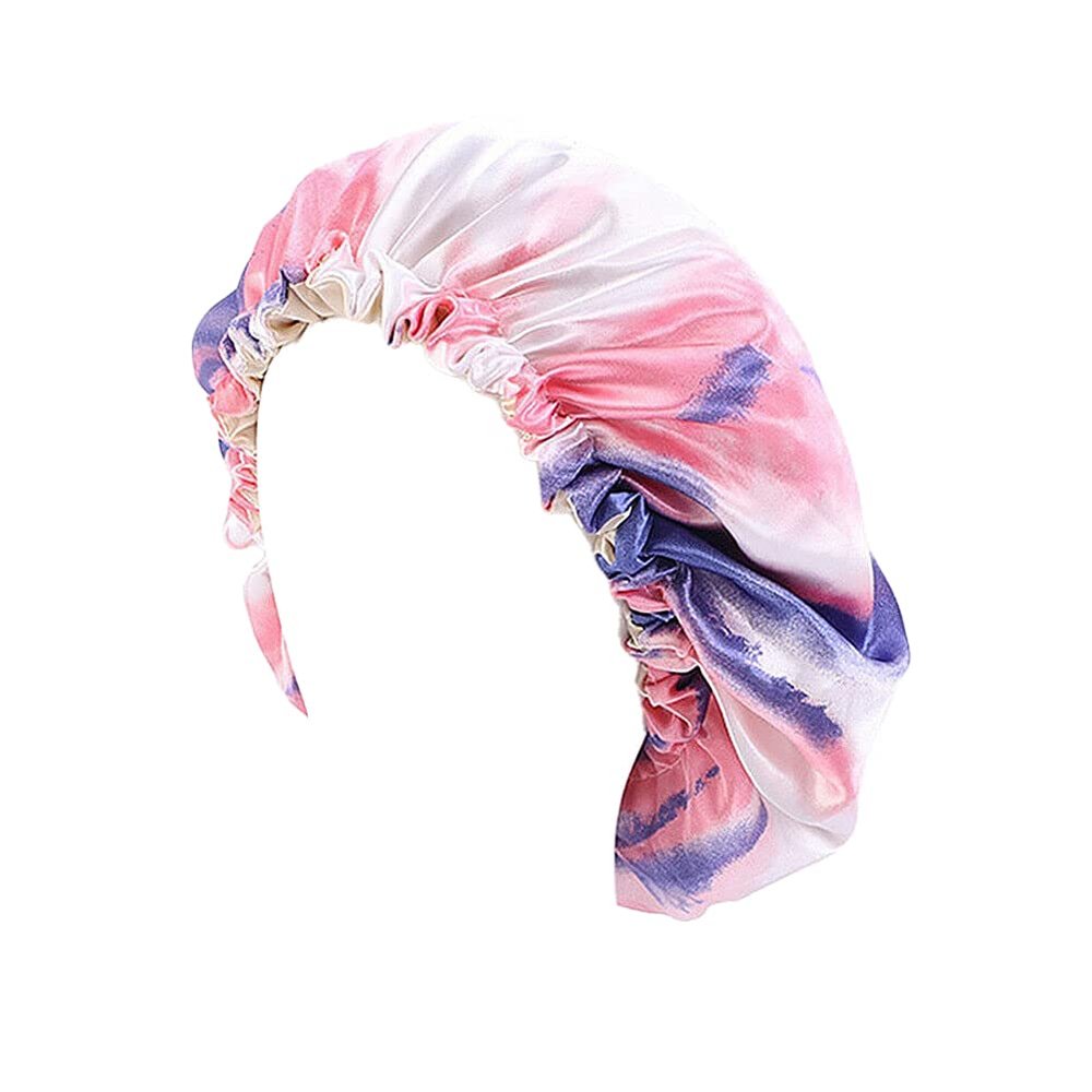 Magik Double-Sided Cover Satin Night Sleep Cap Hair Bonnet Hat Head w/Elastic Band (2 Pack, Pink+Blue)