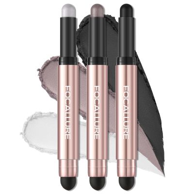 FOCALLURE 3 Pcs No Crease Eyeshadow Sticks,Shimmer & Matte Eye Shadow Crayon with Blending Brush,Smooth Cream Highlighter Pen,Long Lasting Eyeshadow Brightener Stick Makeup,Falling Sky