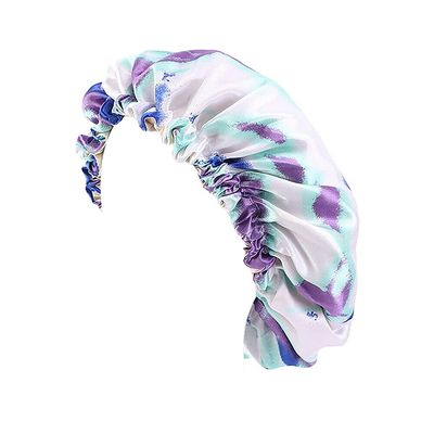 Magik Double-Sided Cover Satin Night Sleep Cap Hair Bonnet Hat Head w/Elastic Band (2 Pack, Purple+Blue)