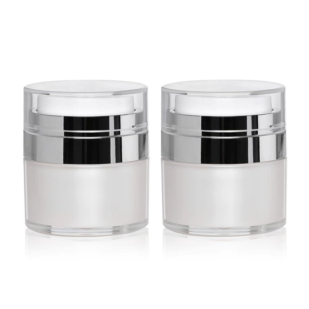 2 Pack 0.5 Oz Airless Pump Jars,Vacuum Cosmetic Travel Containers for Lotions And Creams, Refillable Airless Travel Jars Empty Acrylic Make Up Sample Containers with Pump White,15ml (0.5 oz / 15ml)