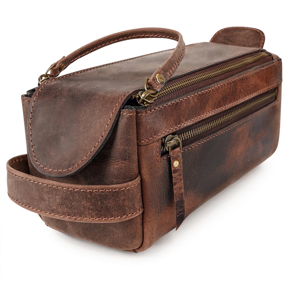LUXEORIA Premium Handmade Leather Toiletry Bags for Men and Women, Genuine Leather Dopp Kit and Shaving Bag for Men, Travel Cosmetic Bag for Women's and Men's, Zipper Pocket, Dark Brown