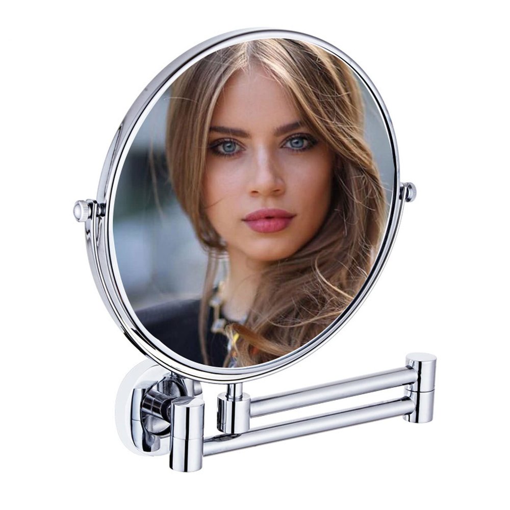 BhjKL 8 Inch Wall Mounted Makeup Vanity Mirror, Bathroom Mirror, Makeup Mirror, 360 Rotation Shaving Mirror, Double Sided Magnifying Cosmetic Mirror Extendable (Silver 5X)